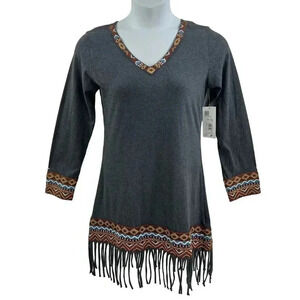 Scully NWT Women Dress S Gray Aztec Tribal Fringe Trim Sheath Long Sleeve Native